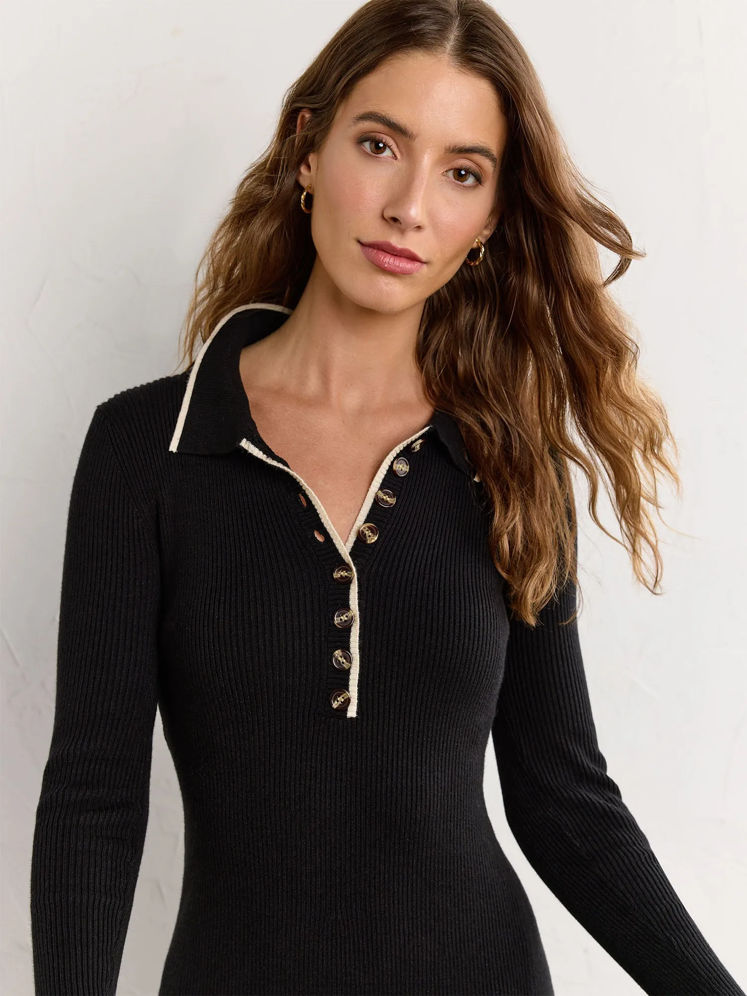 Long-Sleeve Collared Rib Knit Dress - Aaron & Amber