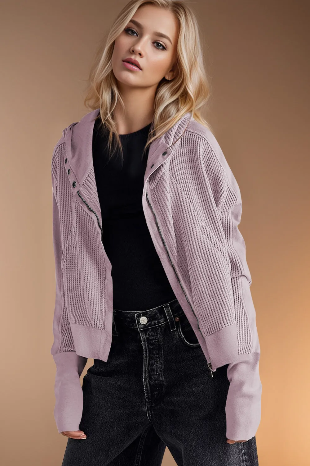 Mary Anne Waffle-Knit Hooded Jacket