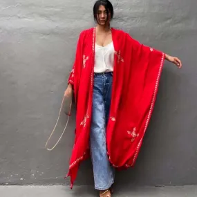 Maya Red Cotton Embroidered Kimono Free Size