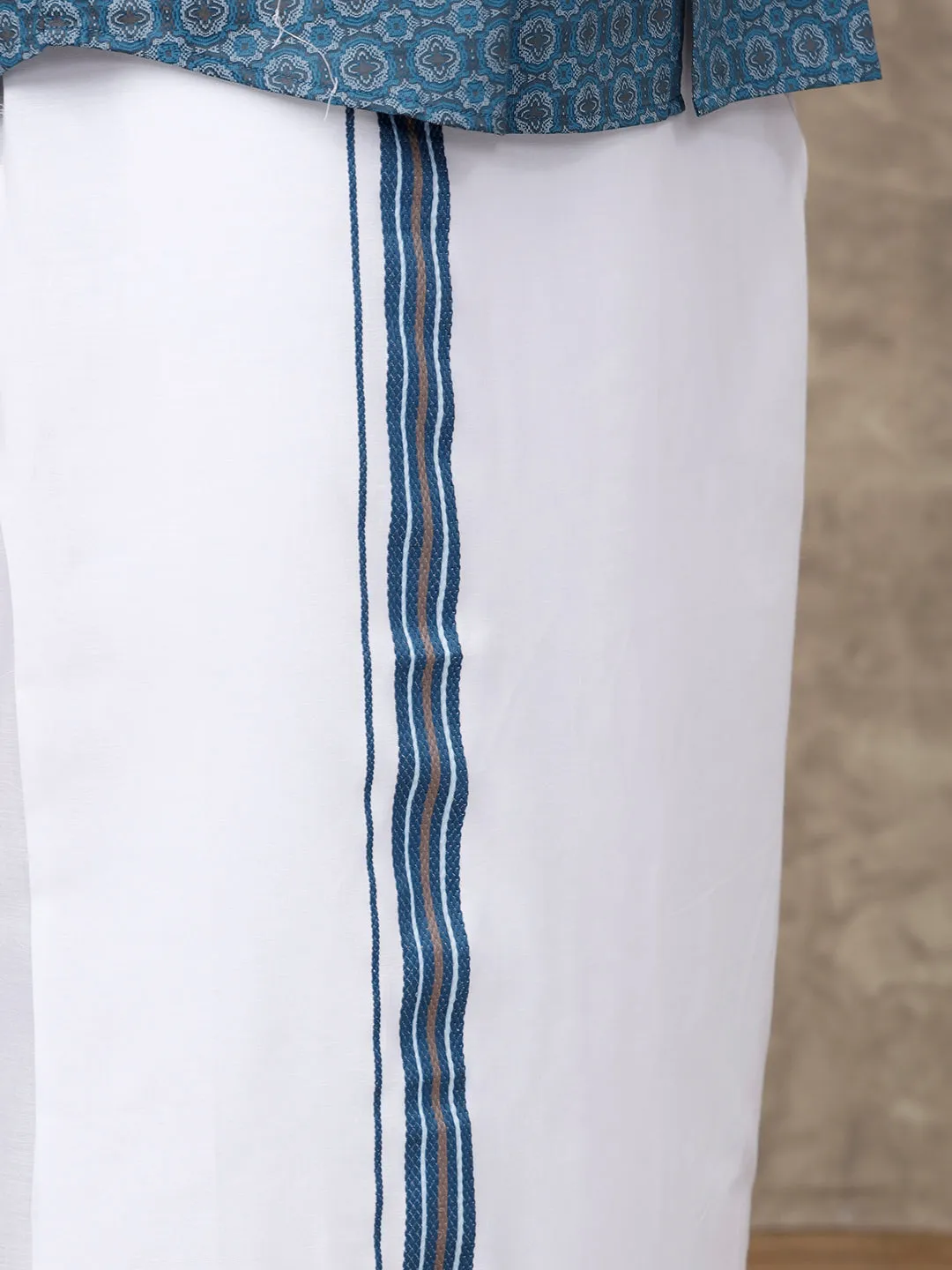 Men Dark Blue With Gray Matching Border Dhoti With Printed Shirt Set Fusion PS4