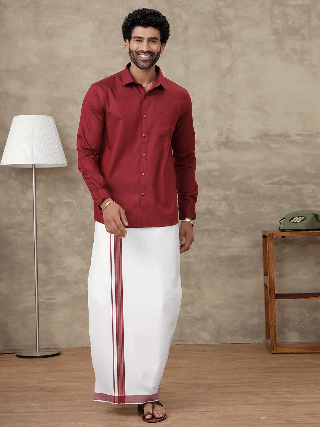 Men Dark Red Colour Shirt With Matching Border Dhoti Set Evolution