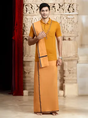 Men Devotional Big Border Dhoti with Towel & TShirt Set Kavi EP41