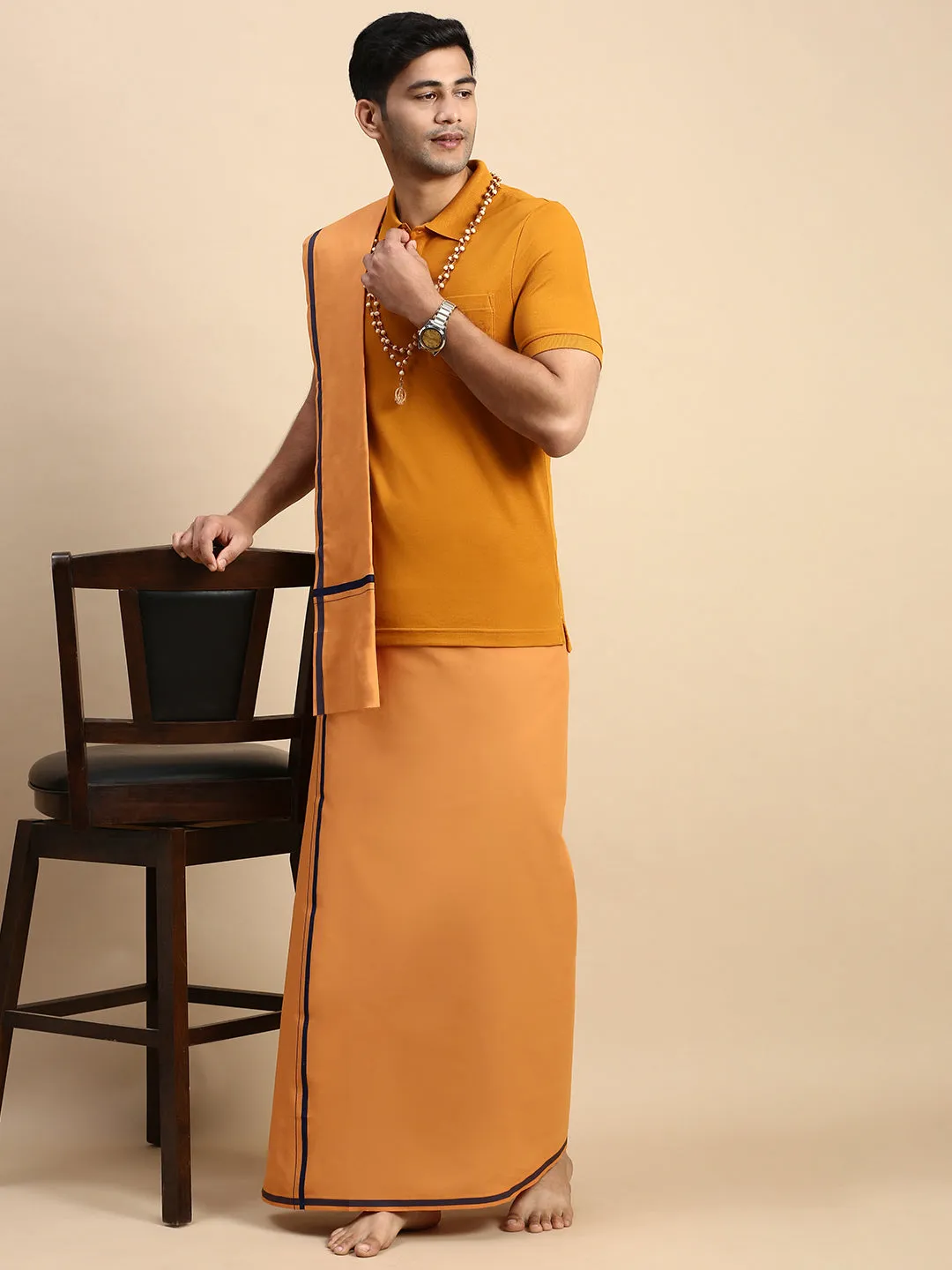 Men Devotional Big Border Dhoti with Towel & TShirt Set Kavi EP41
