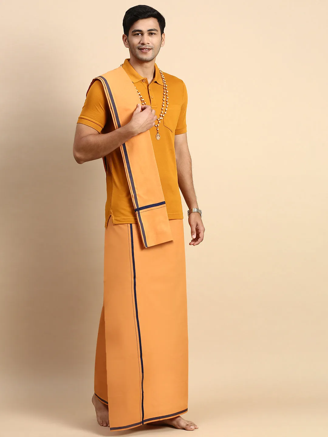 Men Devotional Big Border Dhoti with Towel & TShirt Set Kavi EP41