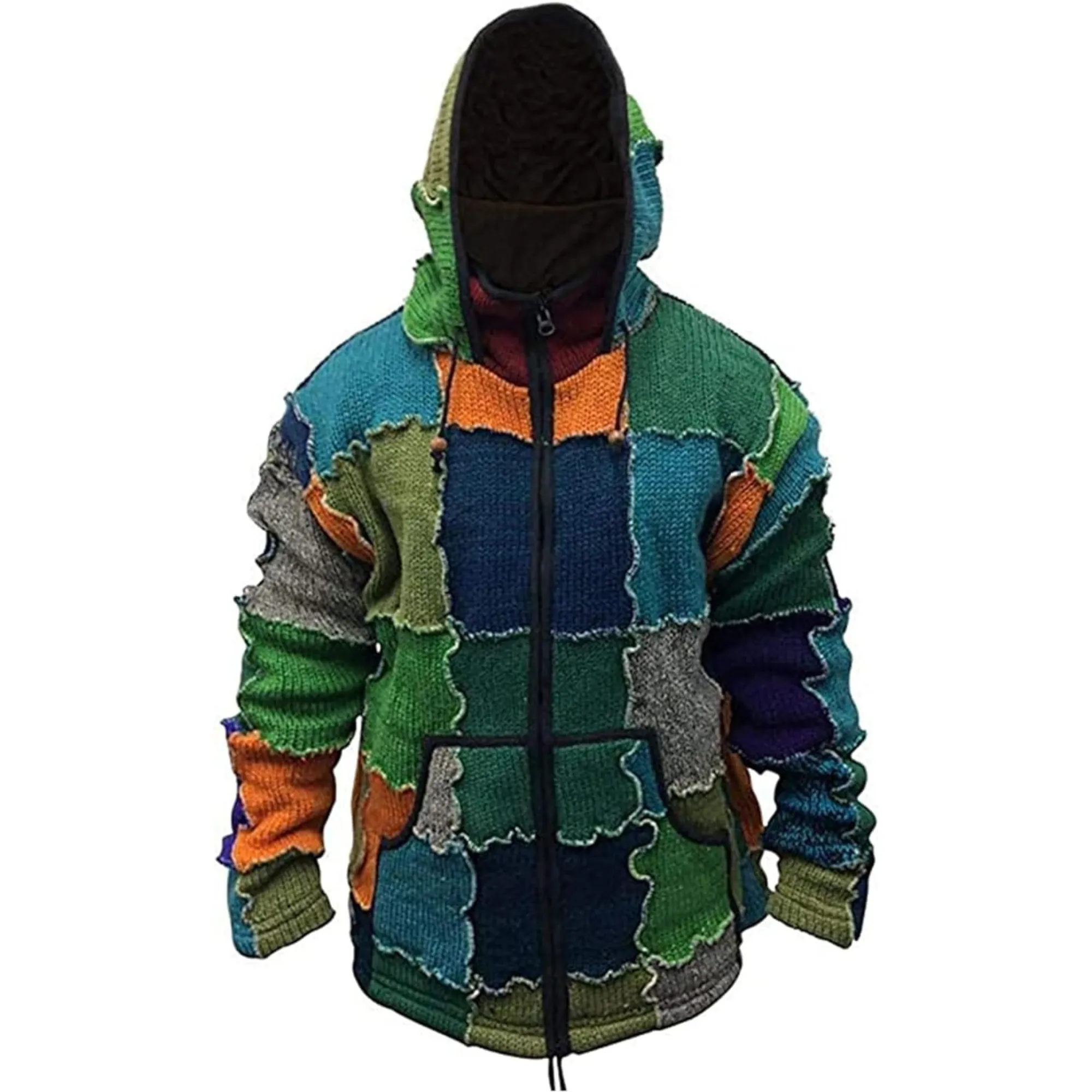 Mens Pixie Wool Hooded Outstich Jacket, Nepalese Hand Made Super Cosy Sweatshirt