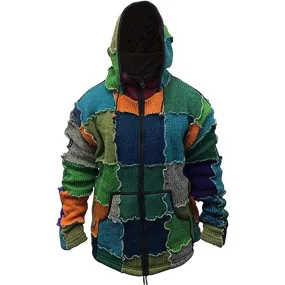 Mens Pixie Wool Hooded Outstich Jacket, Nepalese Hand Made Super Cosy Sweatshirt
