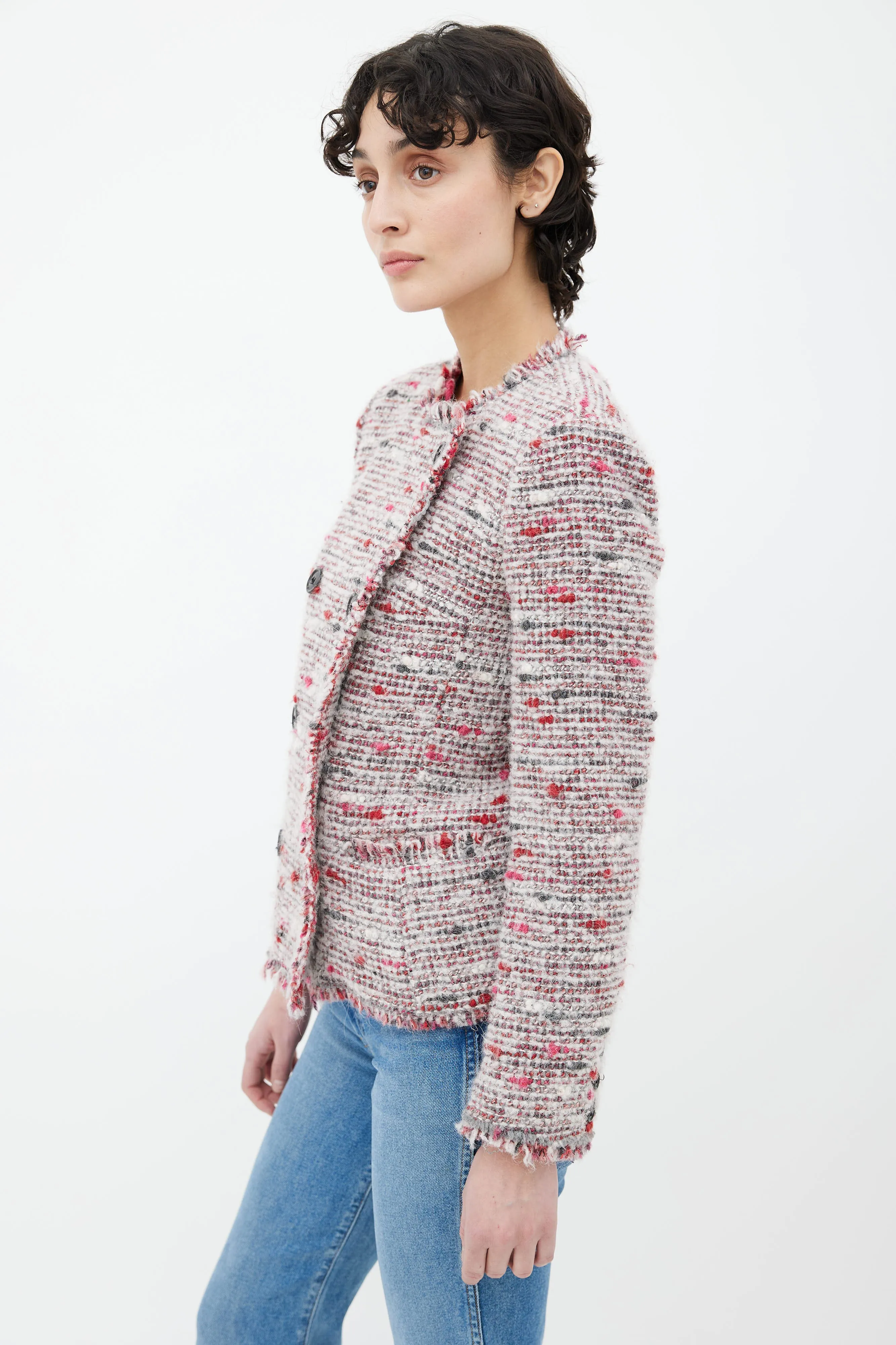 Multicolor Woven Tweed Fringe Jacket