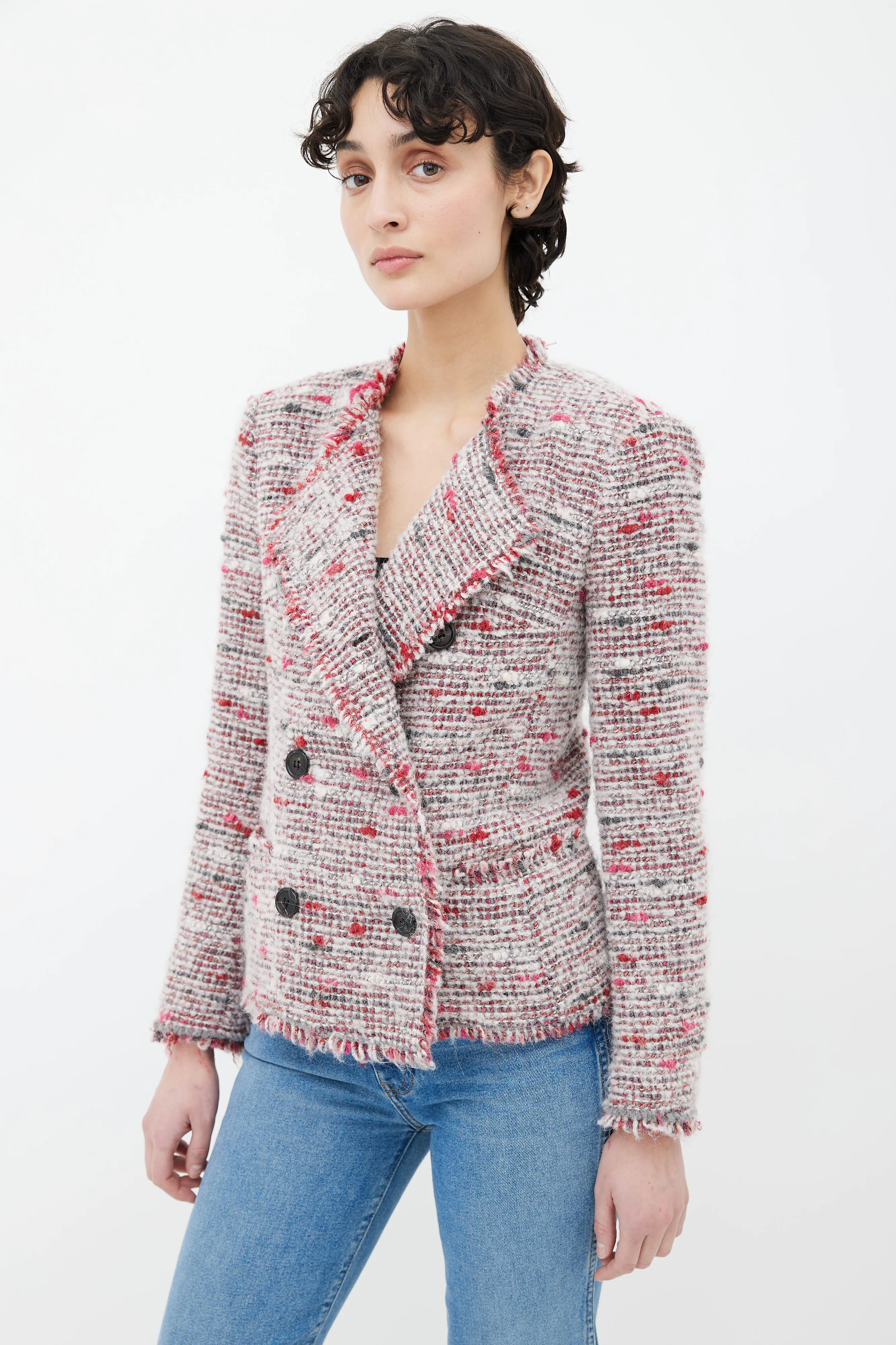 Multicolor Woven Tweed Fringe Jacket