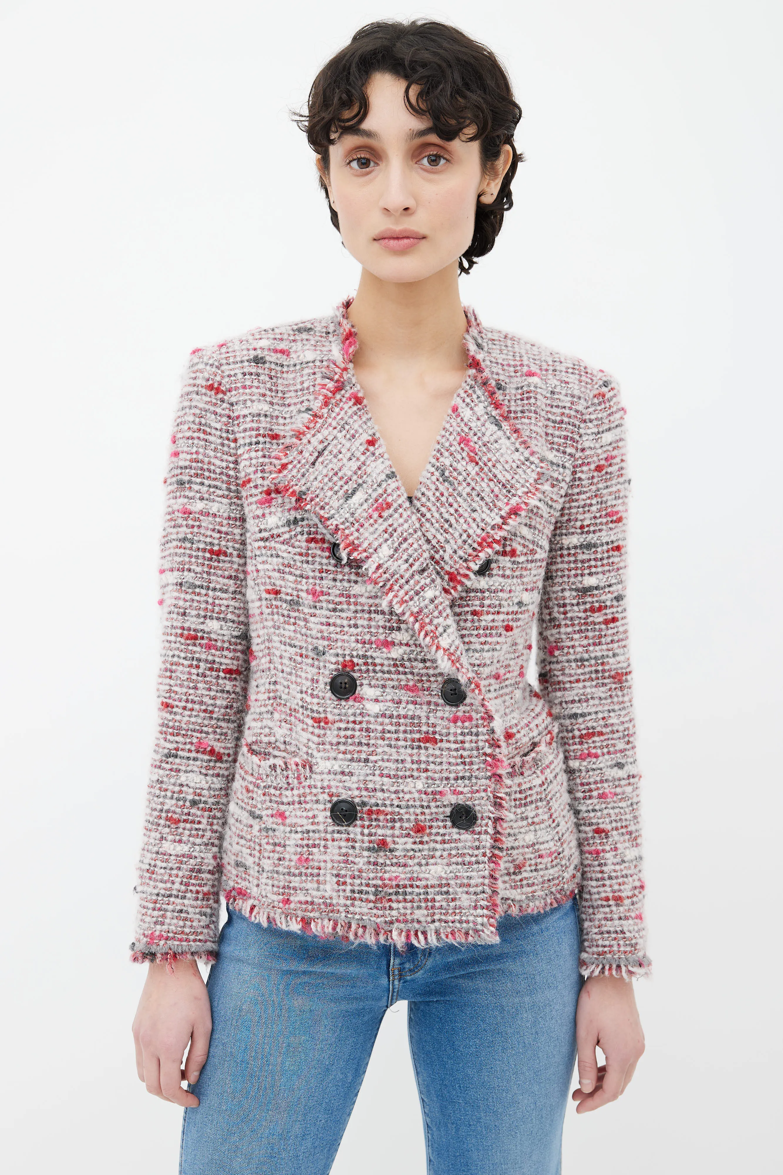 Multicolor Woven Tweed Fringe Jacket