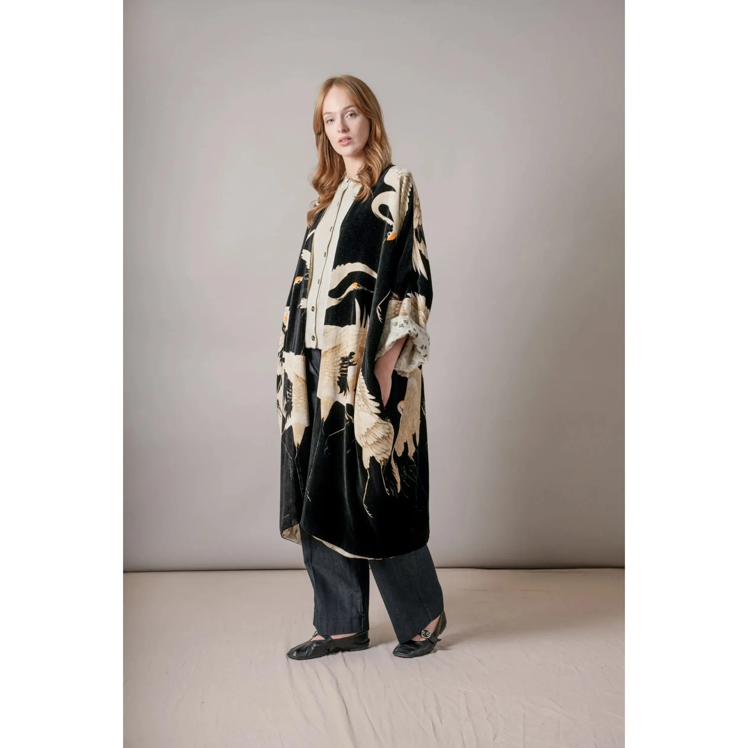 One Hundred Stars Stork Black Velvet Grande Kimono