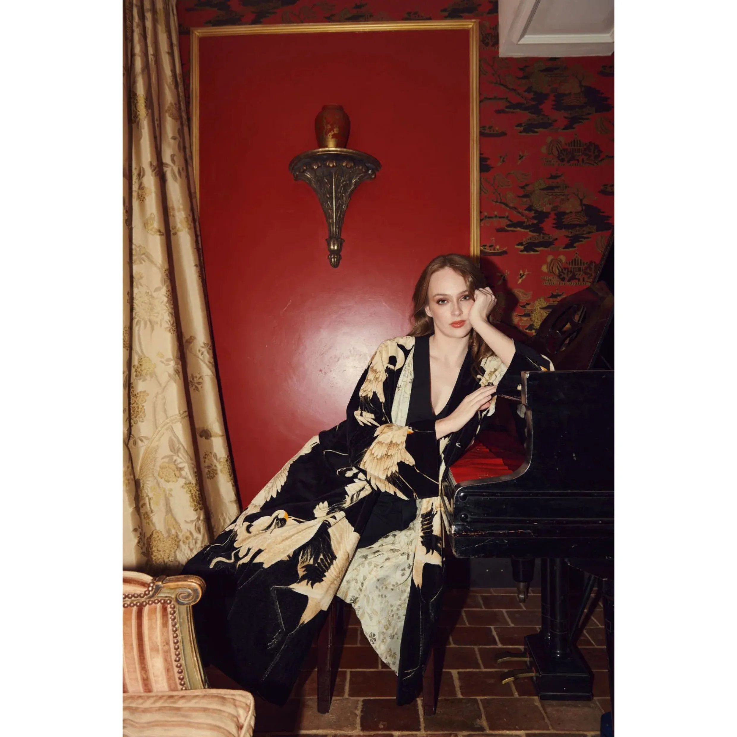 One Hundred Stars Stork Black Velvet Grande Kimono