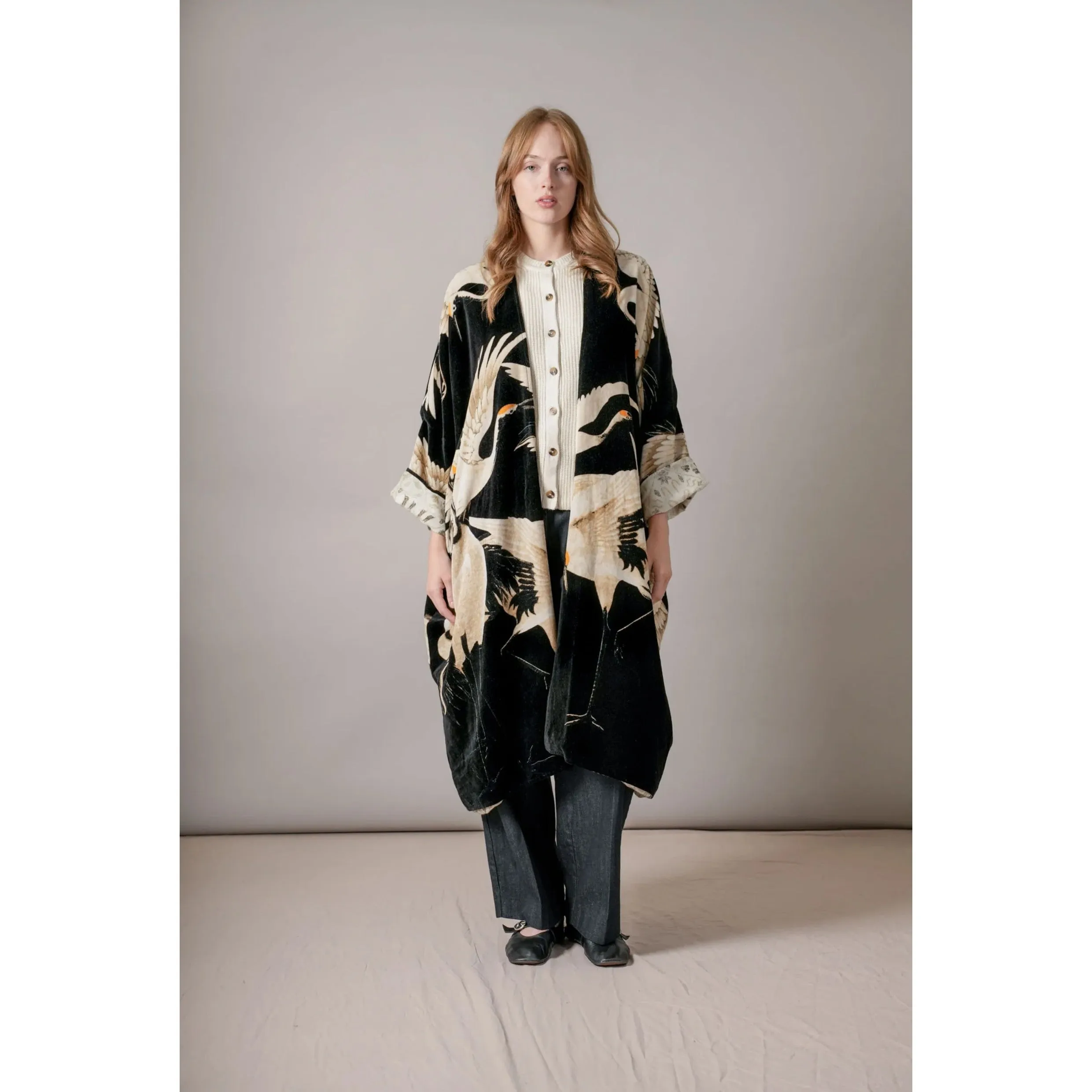 One Hundred Stars Stork Black Velvet Grande Kimono