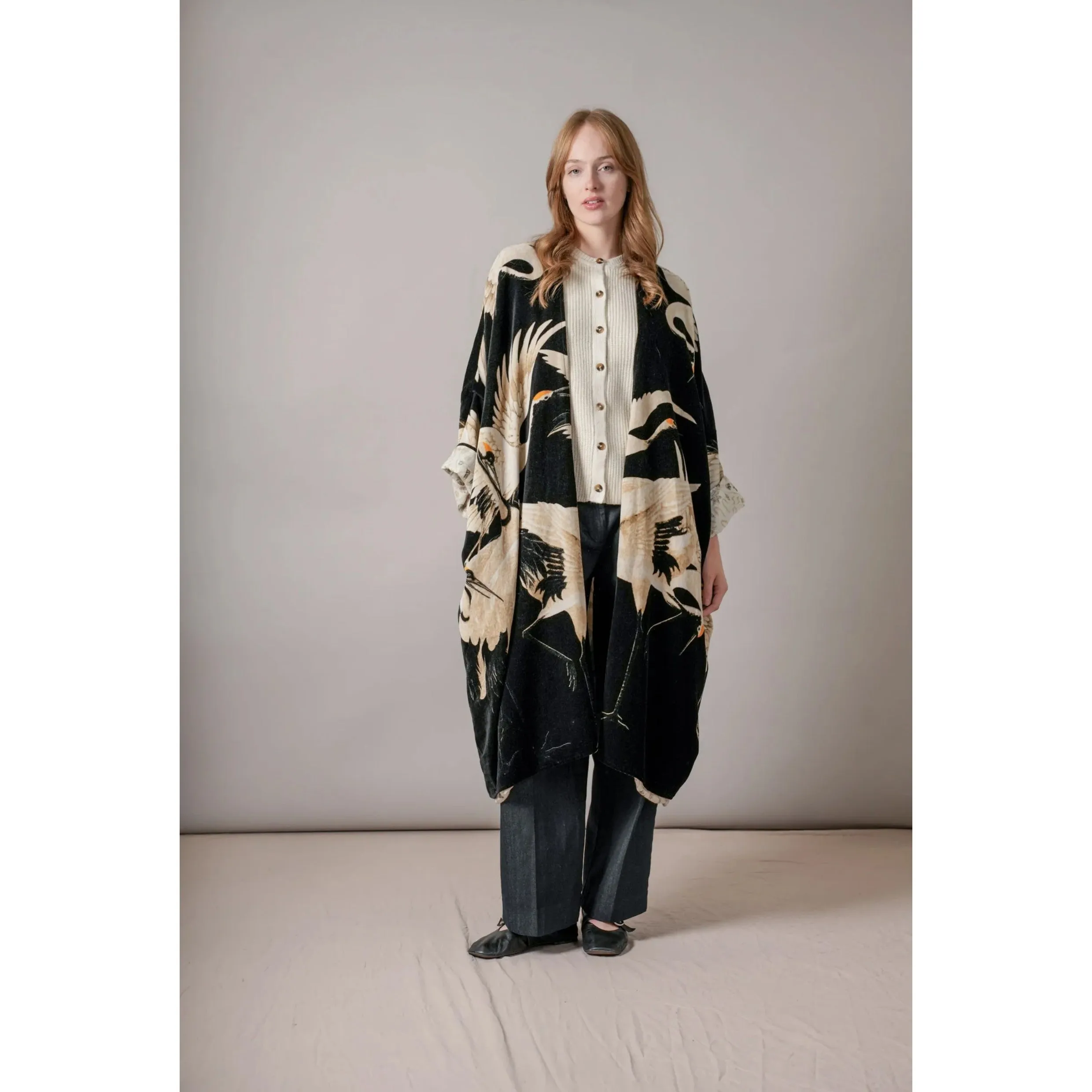 One Hundred Stars Stork Black Velvet Grande Kimono