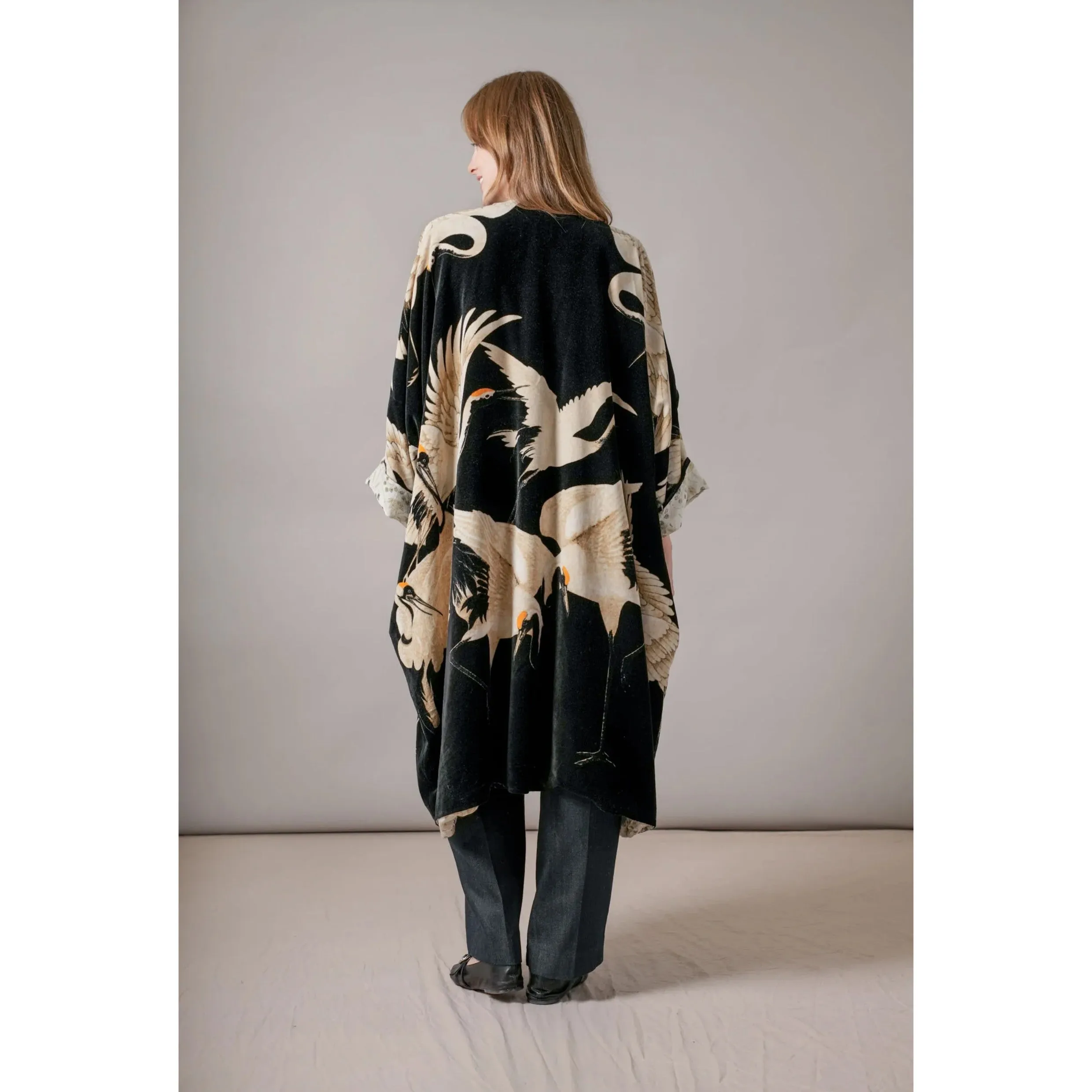 One Hundred Stars Stork Black Velvet Grande Kimono