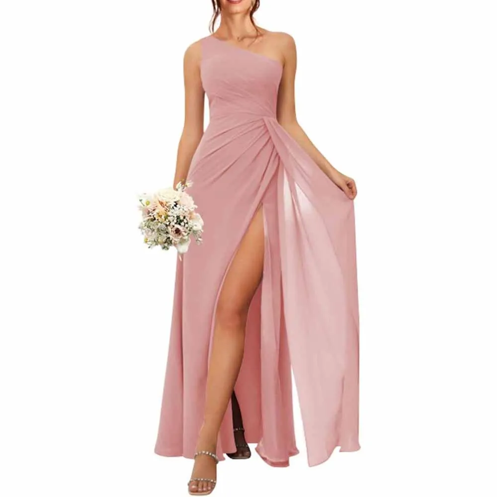 One Shoulder Bridesmaid Dresses with Pockes Long Ruched A Line Formal Dress with Slit