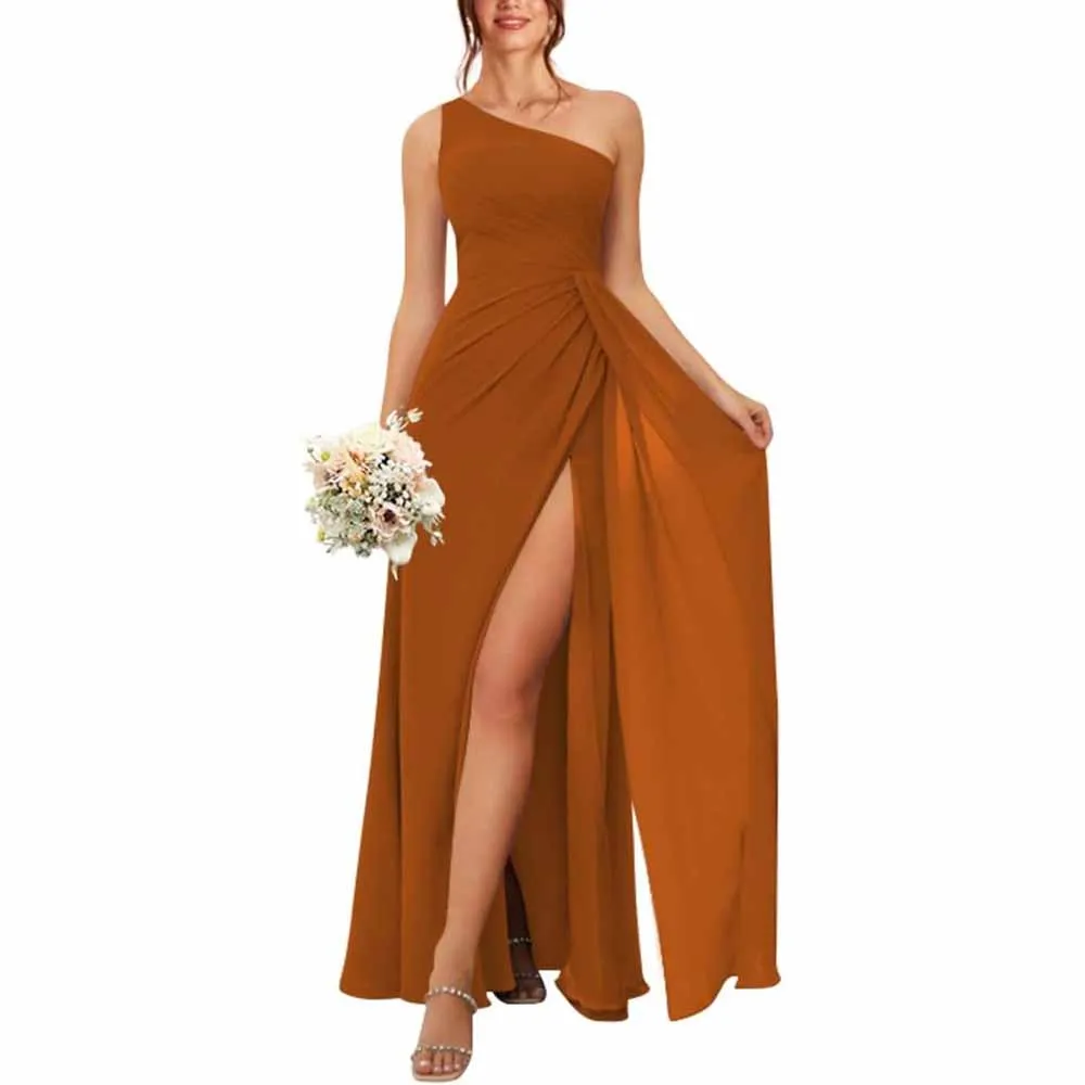 One Shoulder Bridesmaid Dresses with Pockes Long Ruched A Line Formal Dress with Slit