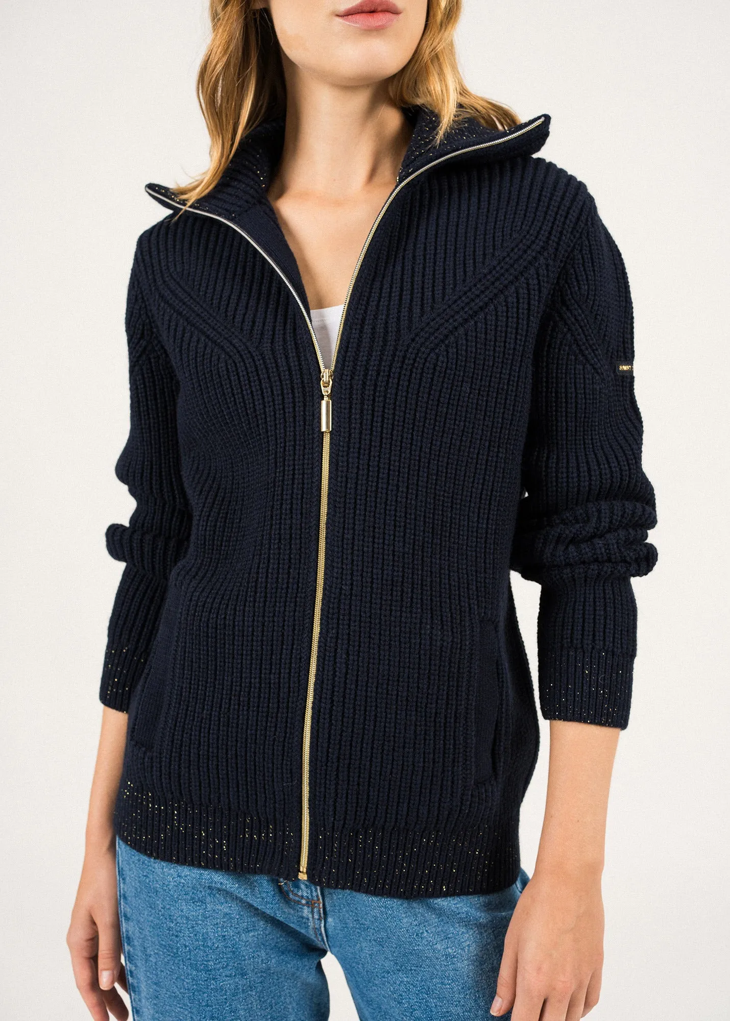 Ottawa high neck jacket - in wool, lurex details (NAVY/CHAMPAGNE)