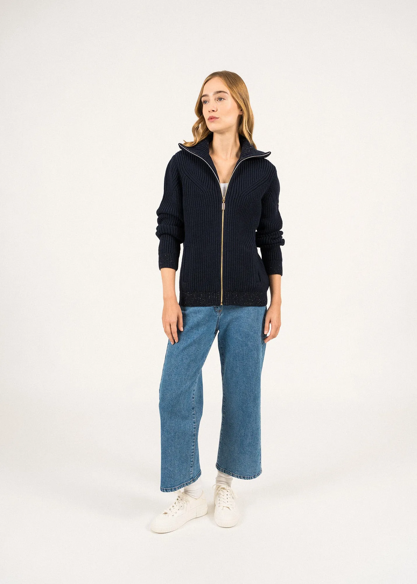Ottawa high neck jacket - in wool, lurex details (NAVY/CHAMPAGNE)