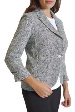 Peace of Cloth One Button Closure Ruched 3/4 Sleeve Welted Pockets Multi Print Crepe Jacket