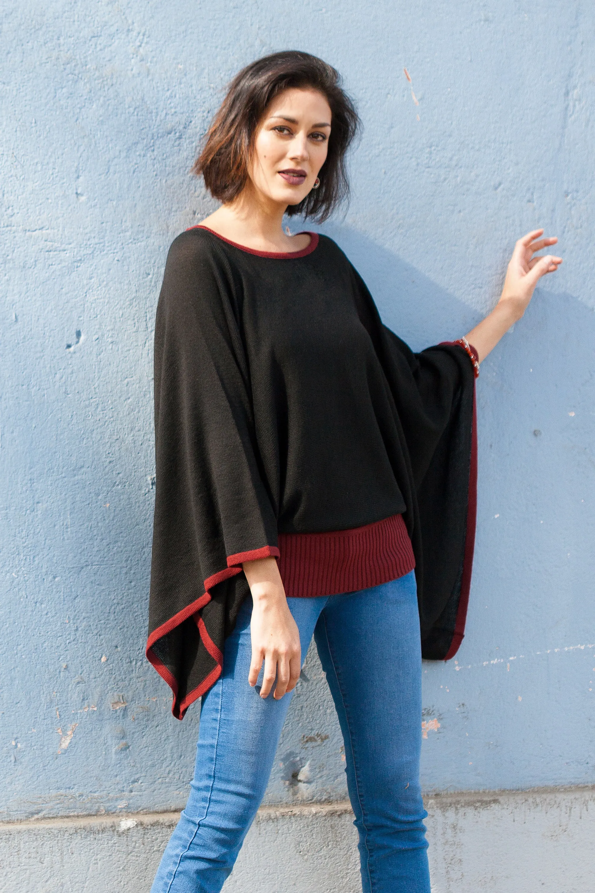 Peruvian Knit Bohemian Sweater in Black and Burgundy - Black Burgundy Dance | NOVICA