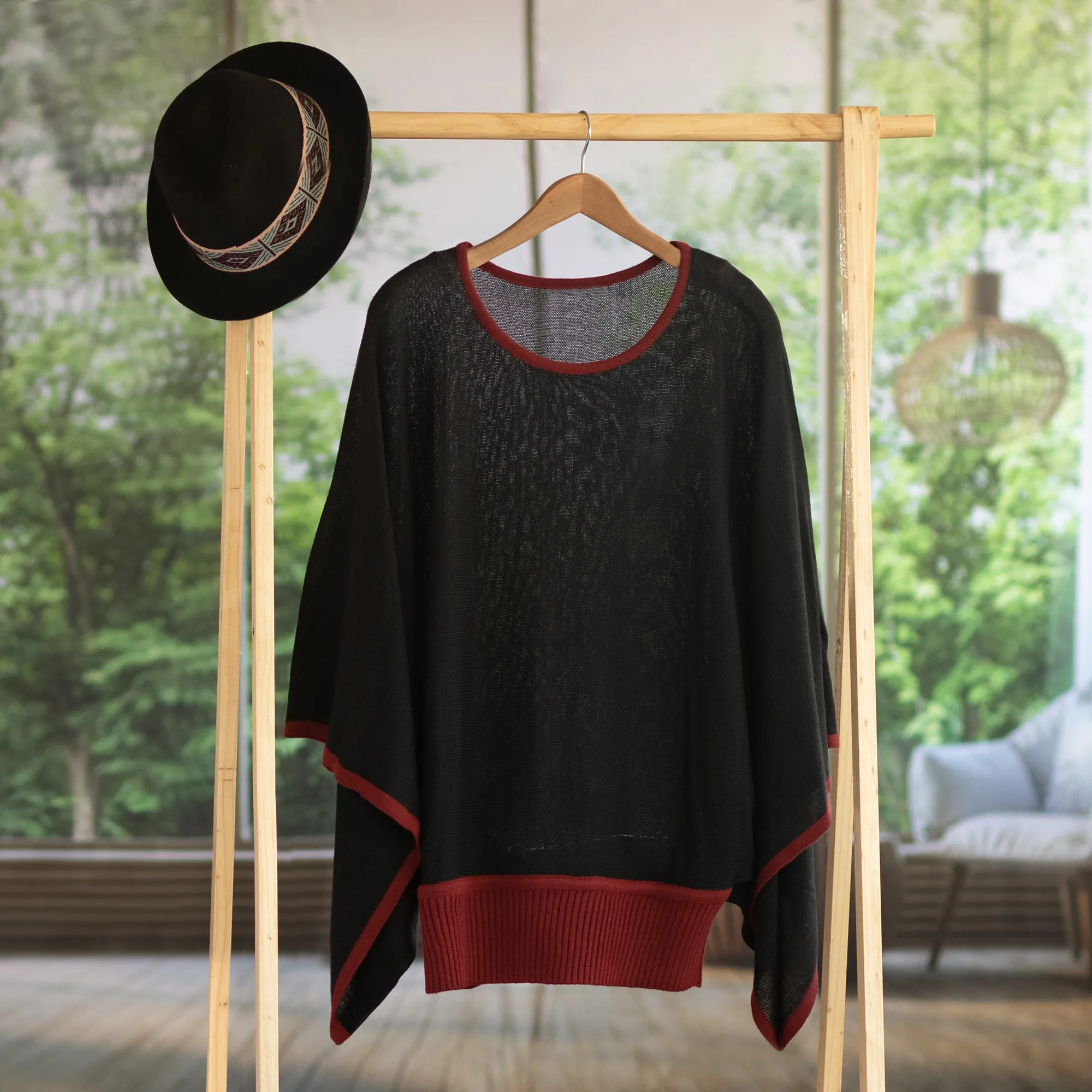 Peruvian Knit Bohemian Sweater in Black and Burgundy - Black Burgundy Dance | NOVICA