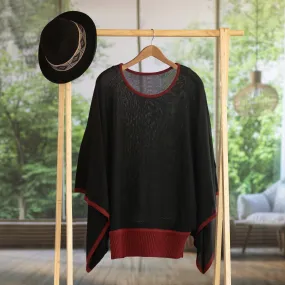 Peruvian Knit Bohemian Sweater in Black and Burgundy - Black Burgundy Dance | NOVICA