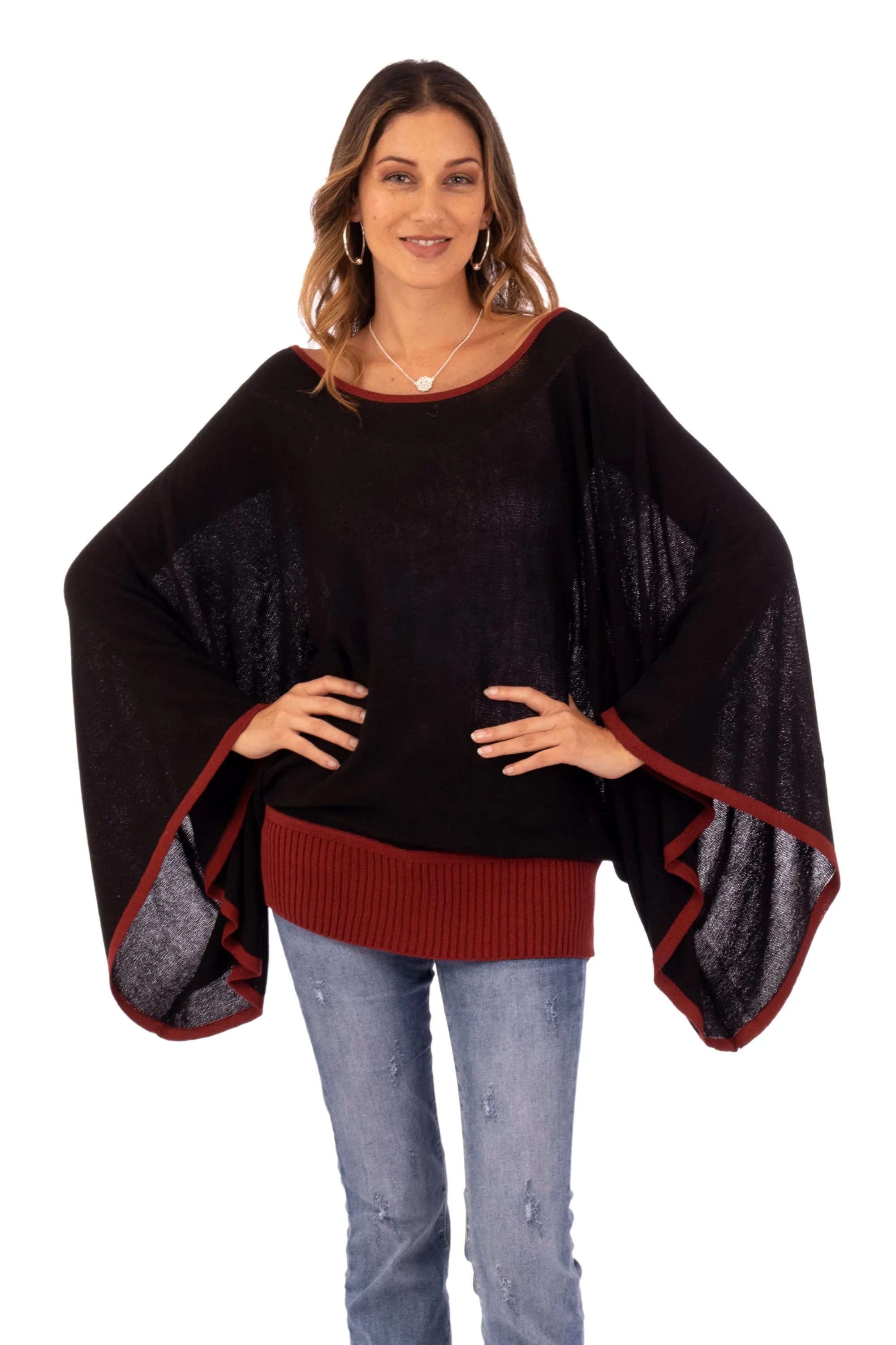 Peruvian Knit Bohemian Sweater in Black and Burgundy - Black Burgundy Dance | NOVICA