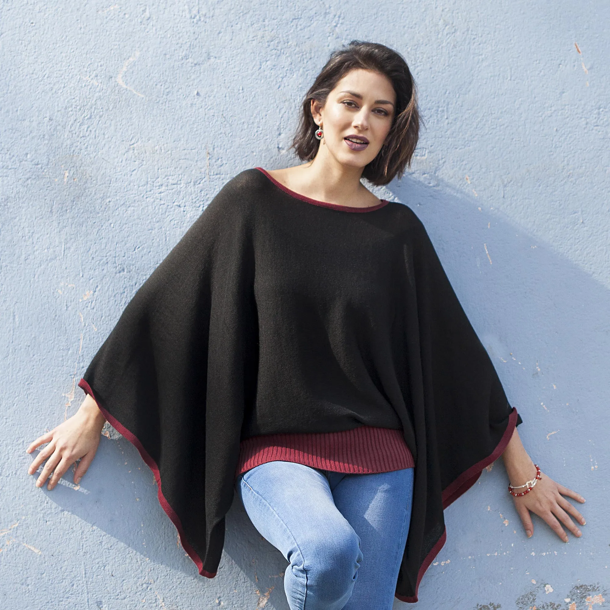 Peruvian Knit Bohemian Sweater in Black and Burgundy - Black Burgundy Dance | NOVICA
