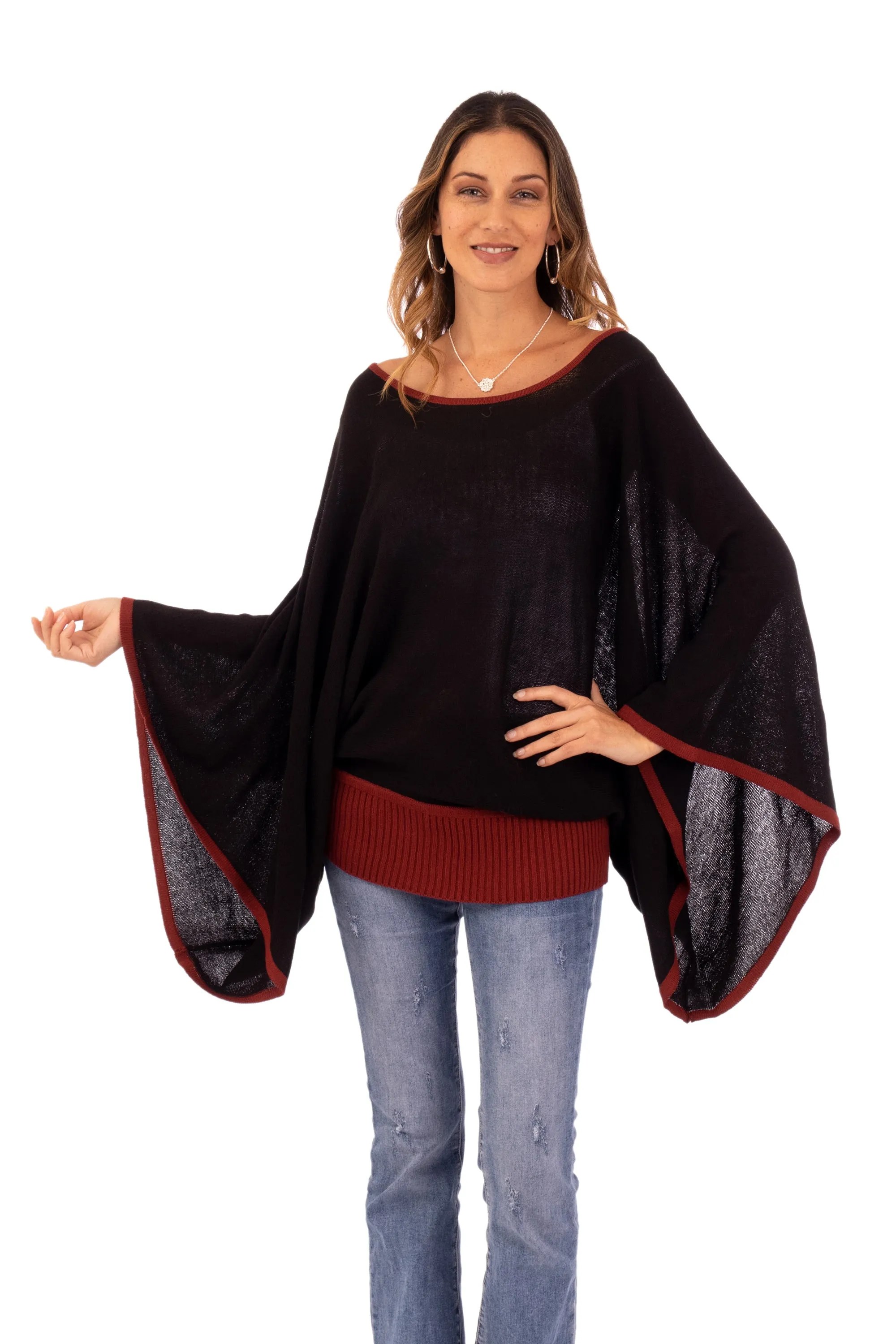 Peruvian Knit Bohemian Sweater in Black and Burgundy - Black Burgundy Dance | NOVICA