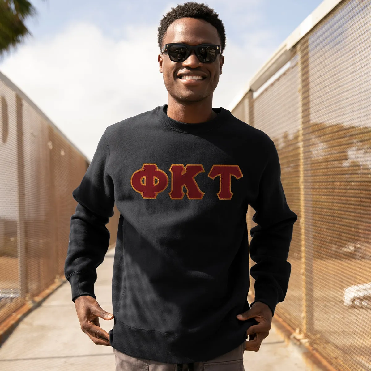 Phi Tau Black Crew Neck Sweatshirt with Sewn On Letters