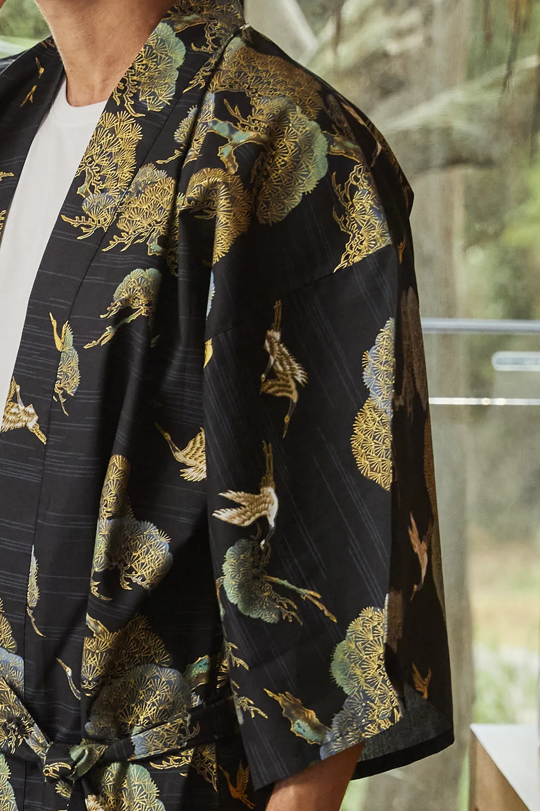Pines & Cranes Mens Kimono Long Cotton