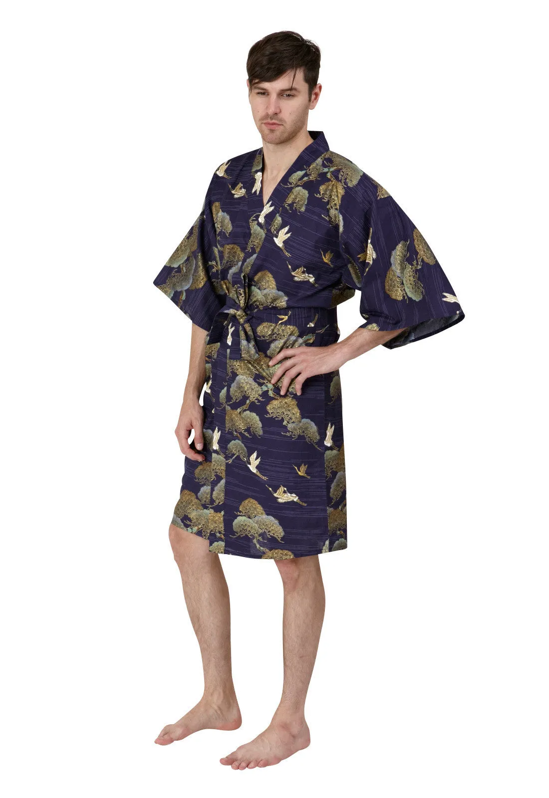 Pines & Cranes Mens Short Cotton Kimono