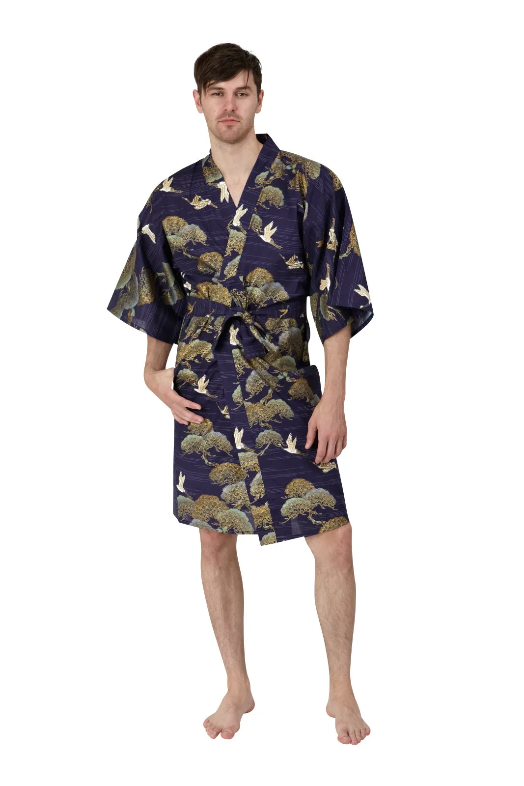 Pines & Cranes Mens Short Cotton Kimono