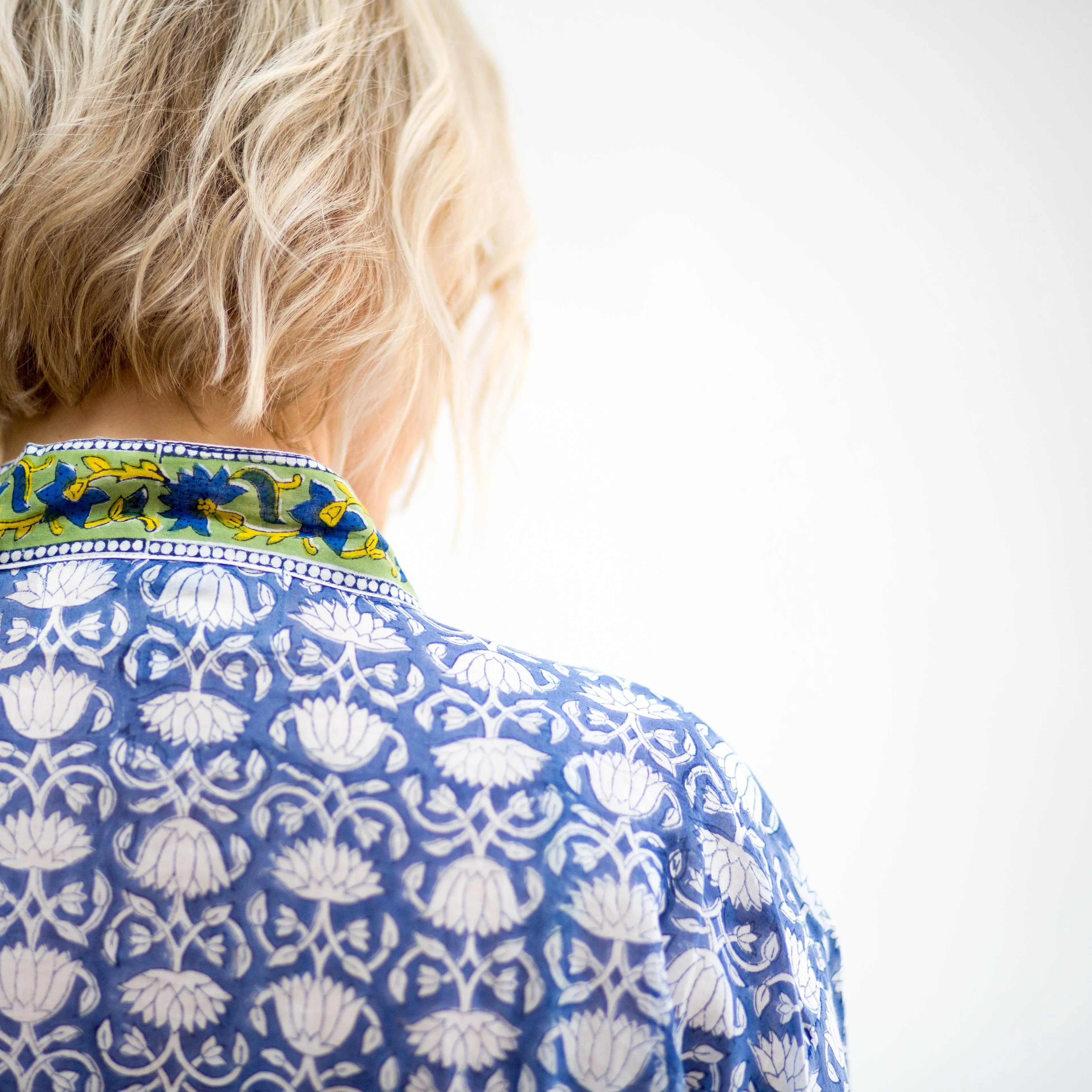 Plus Sizes Available - Lightweight Cotton Robe - Blue & White with Green Trim