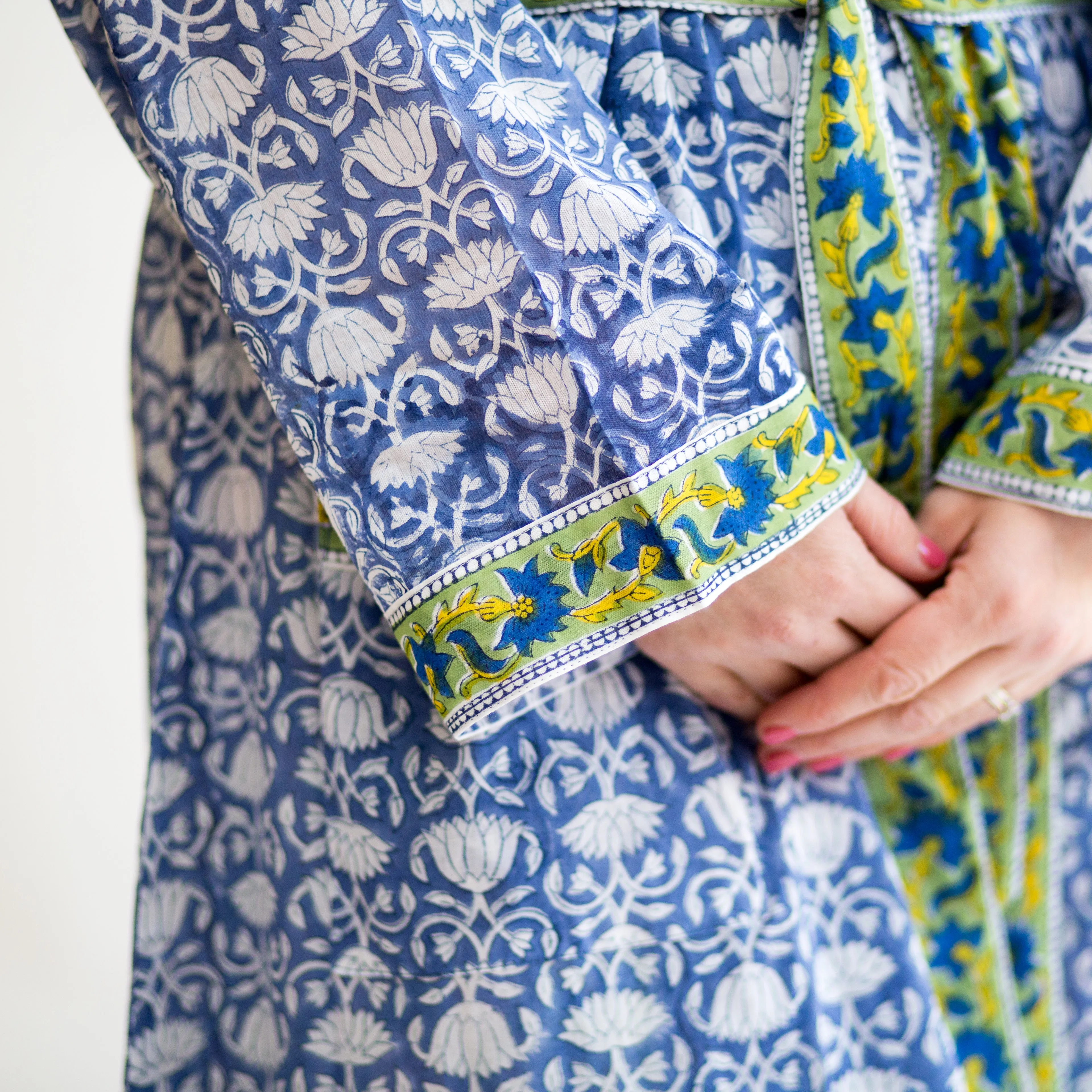 Plus Sizes Available - Lightweight Cotton Robe - Blue & White with Green Trim