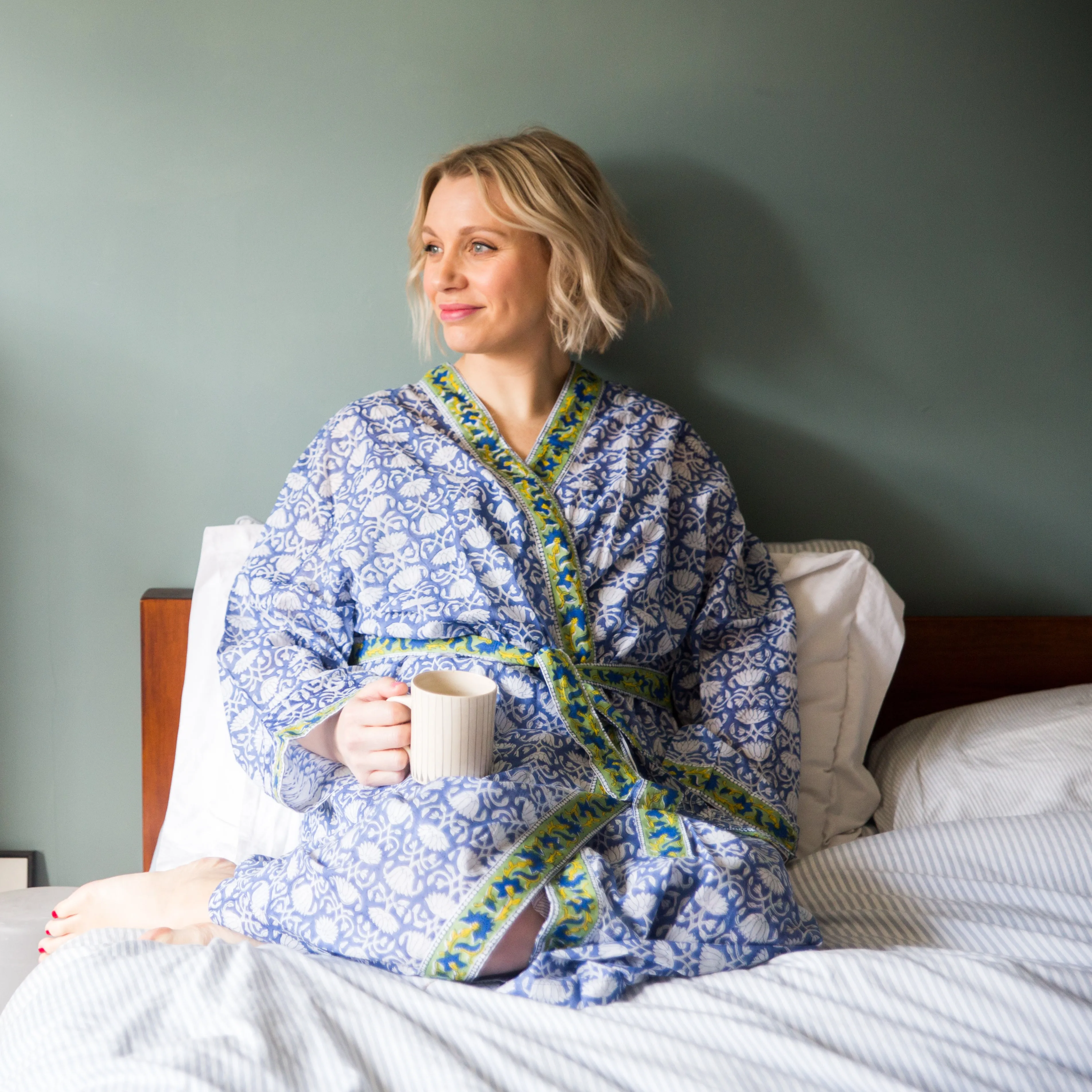 Plus Sizes Available - Lightweight Cotton Robe - Blue & White with Green Trim