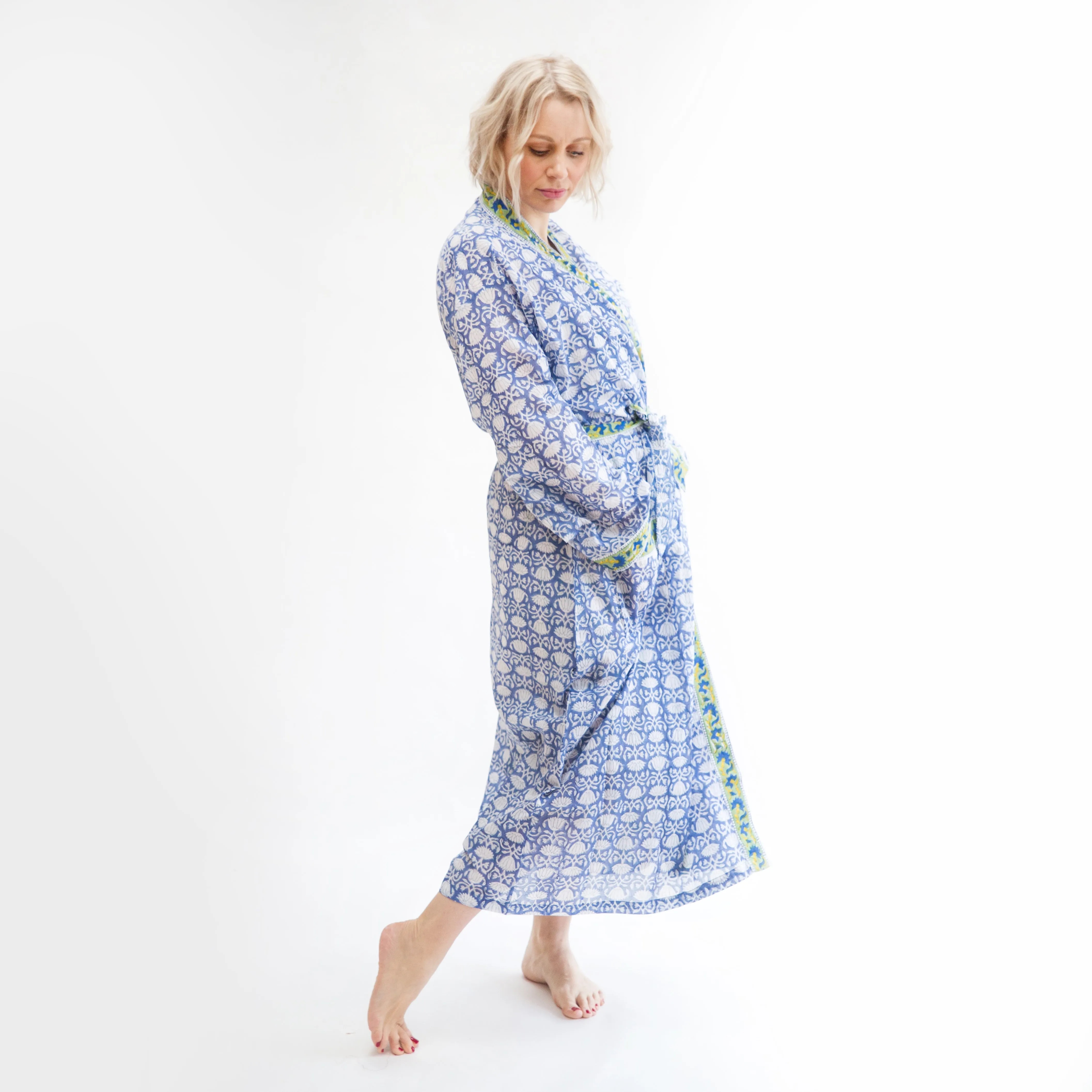 Plus Sizes Available - Lightweight Cotton Robe - Blue & White with Green Trim