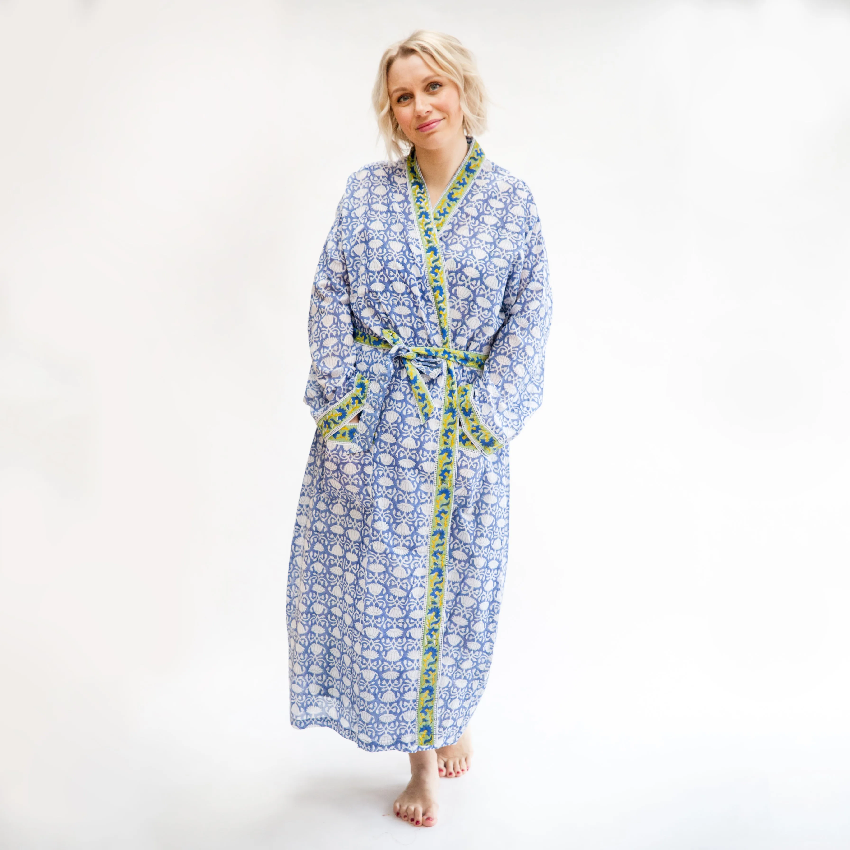 Plus Sizes Available - Lightweight Cotton Robe - Blue & White with Green Trim