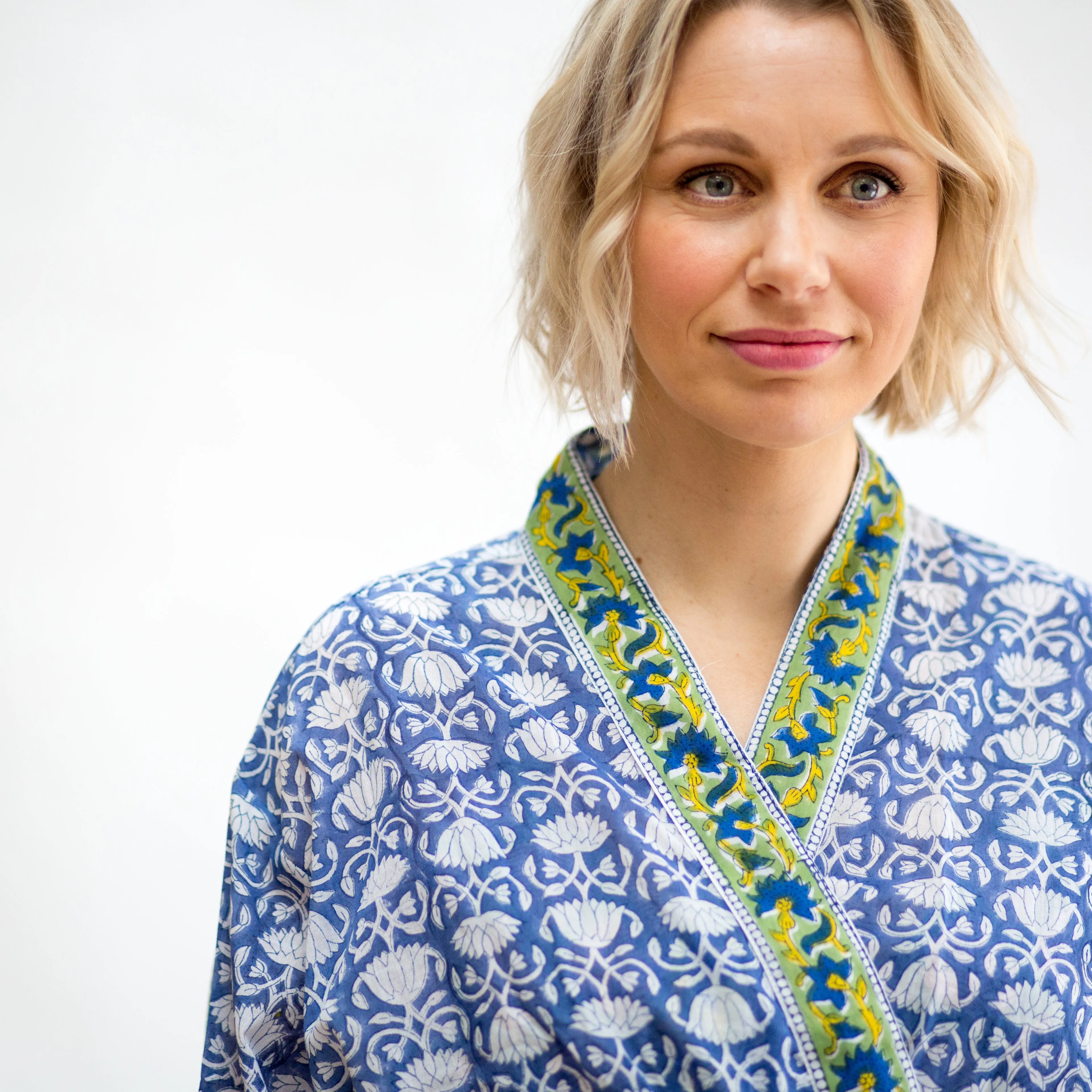Plus Sizes Available - Lightweight Cotton Robe - Blue & White with Green Trim