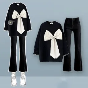 Preppy Bow Knit Sweater Denim Pants Two Piece Set