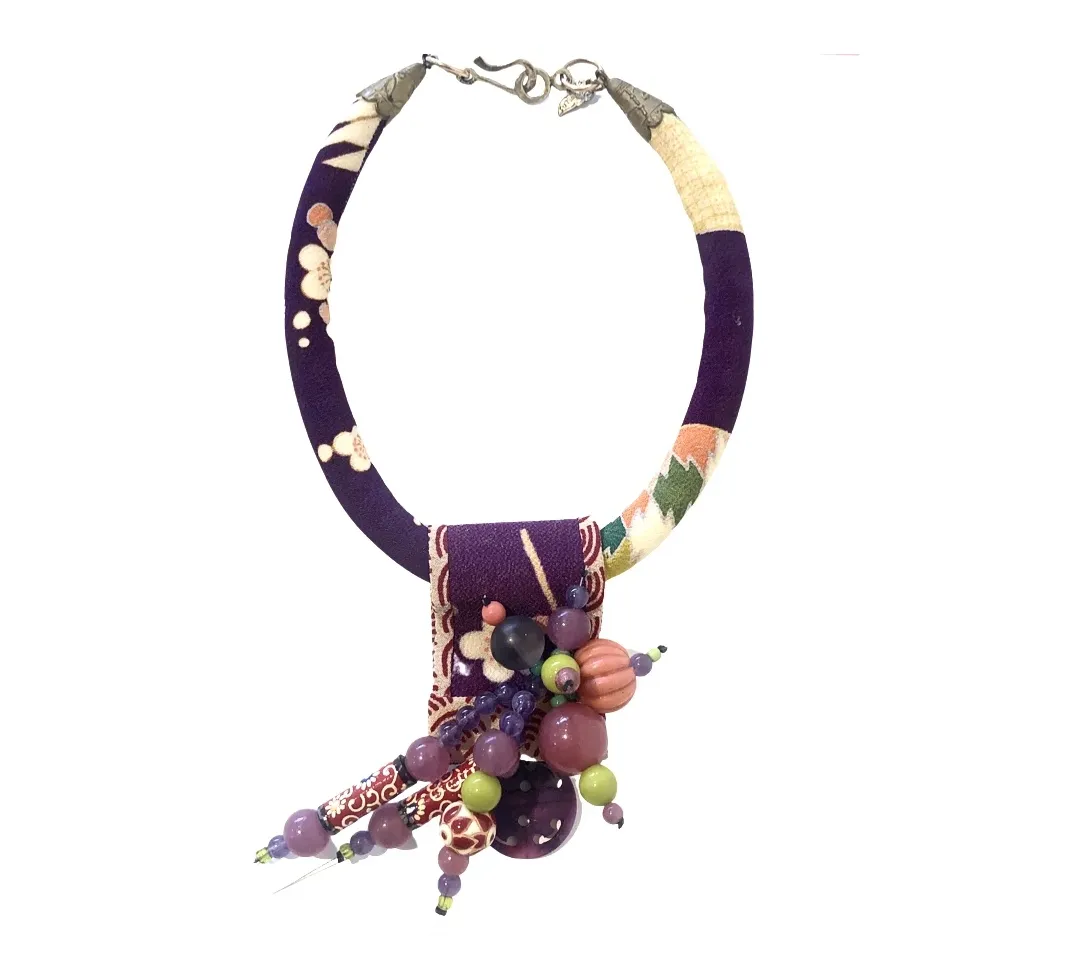 Purple Silk Chirimen Kimono Cord Necklace with Amethyst and Glass Beads Embellishments