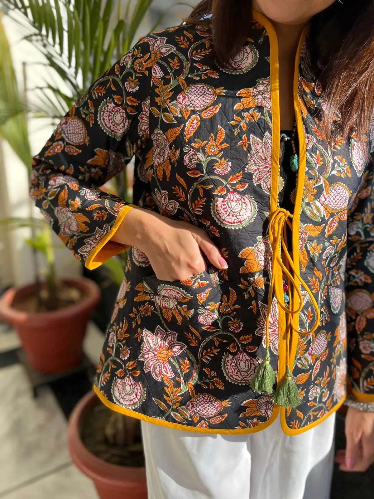 Quilted Block Print Jacket | Yellow & Black