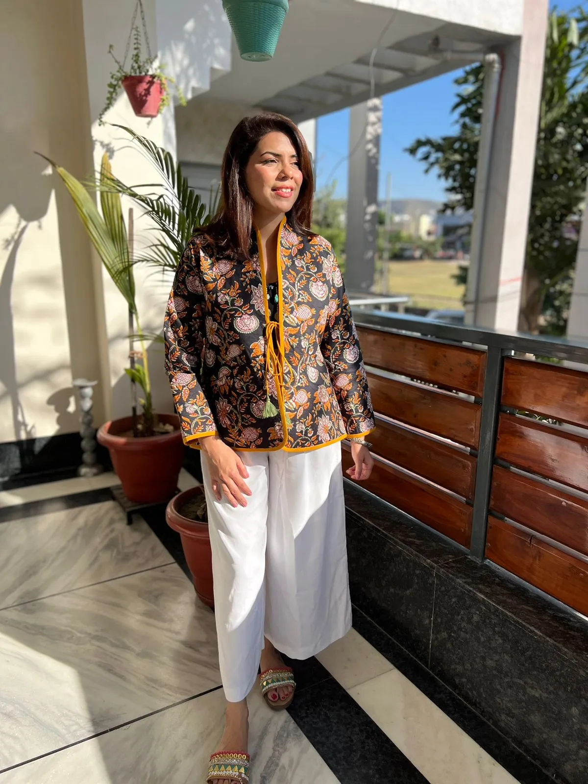 Quilted Block Print Jacket | Yellow & Black