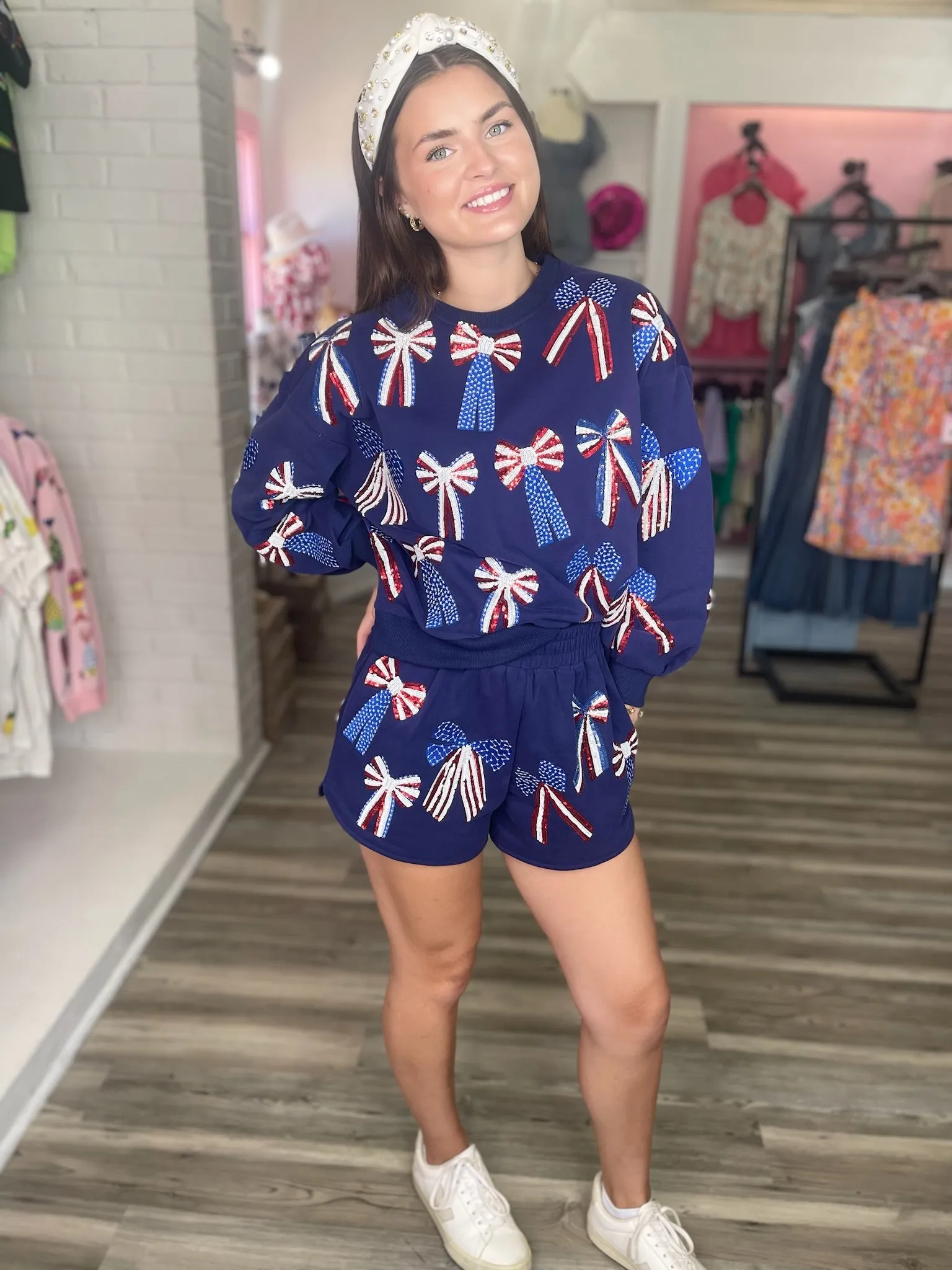 Red, White & Blue Bow Sweatshirt - Navy [Queen of Sparkles]