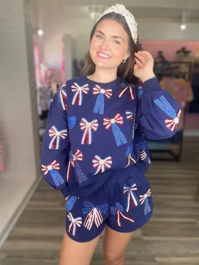 Red, White & Blue Bow Sweatshirt - Navy [Queen of Sparkles]