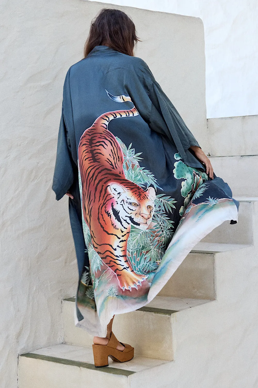 Rhythm Is A Dancer Tiger Hand Painted Silk Satin Kimono - Charcoal