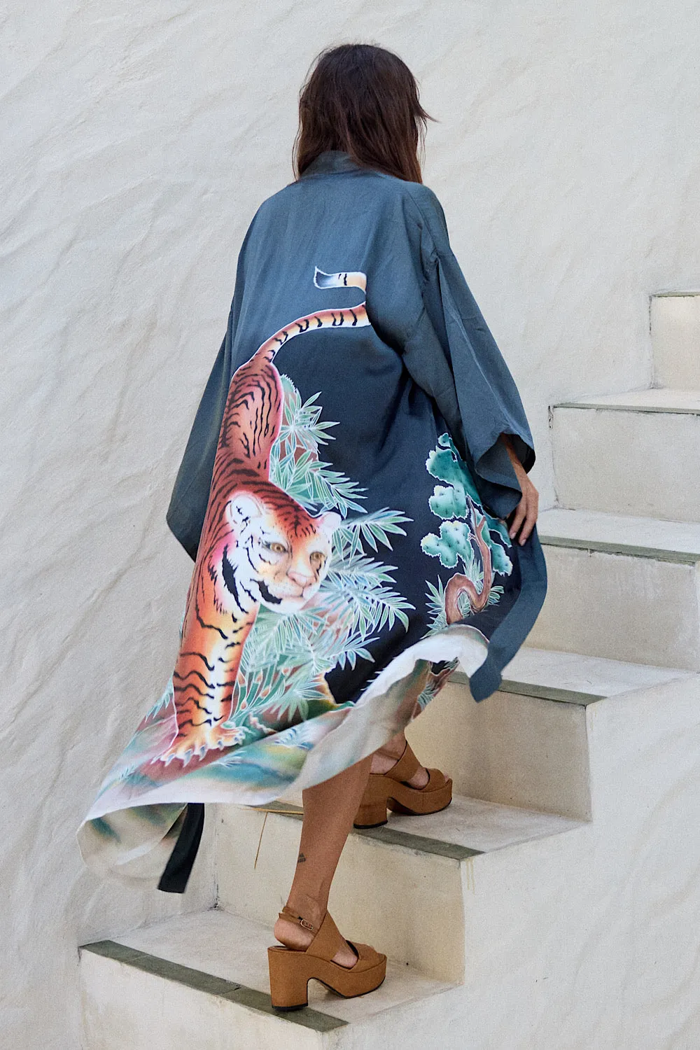 Rhythm Is A Dancer Tiger Hand Painted Silk Satin Kimono - Charcoal
