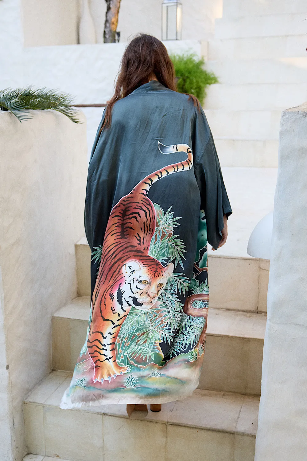 Rhythm Is A Dancer Tiger Hand Painted Silk Satin Kimono - Charcoal