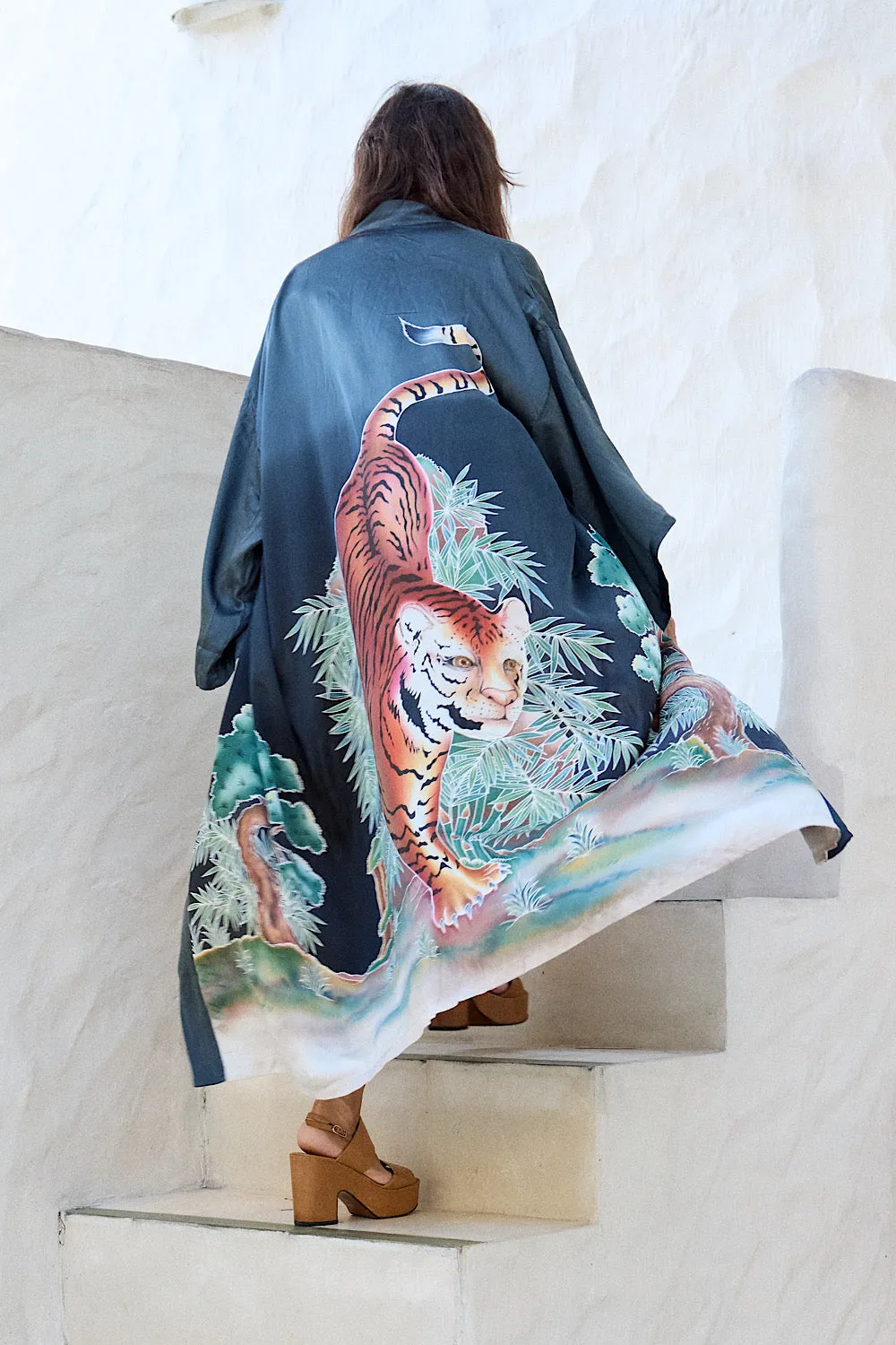 Rhythm Is A Dancer Tiger Hand Painted Silk Satin Kimono - Charcoal