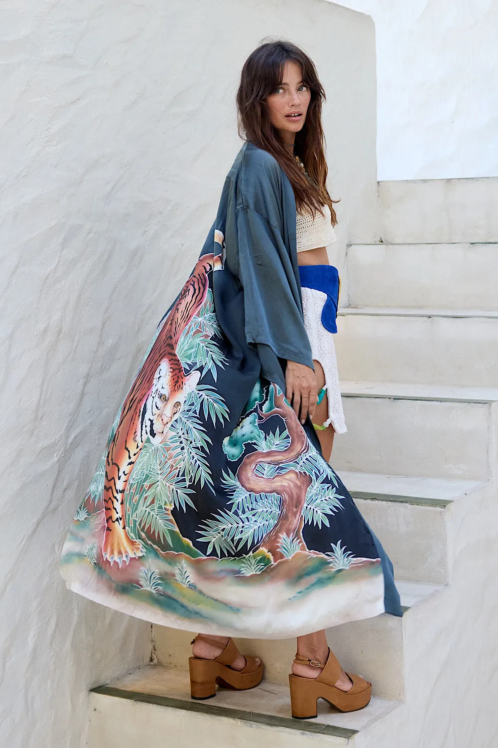 Rhythm Is A Dancer Tiger Hand Painted Silk Satin Kimono - Charcoal